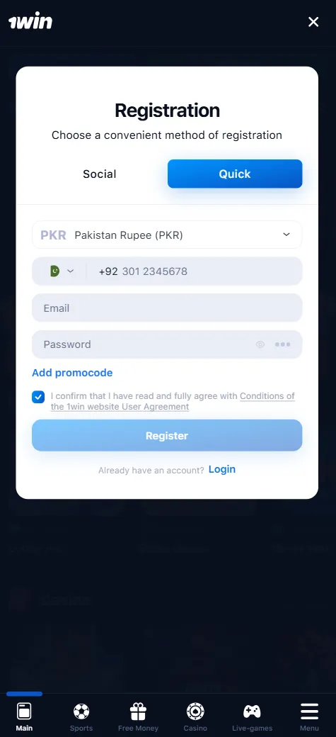 1win mobile registration